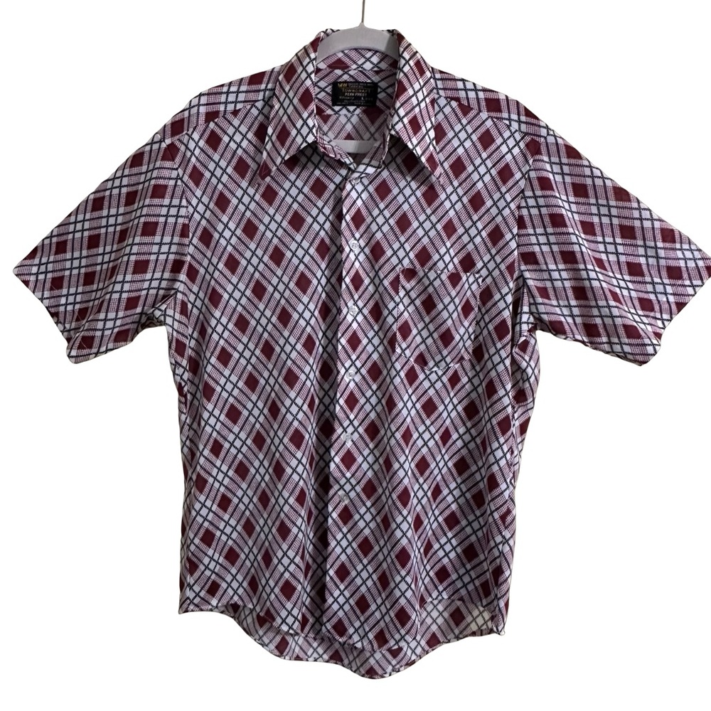 Vintage 70’s TOWNCRAFT Polyester Plaid Flare Dagger Collar Button Up Shirt Large